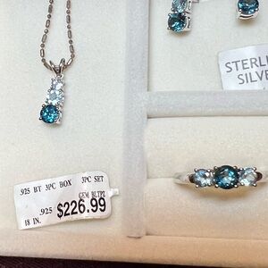 STERLING SILVER Triple Blue Natural Topaz, 3 piece set-Necklace,Ring,Earrings.